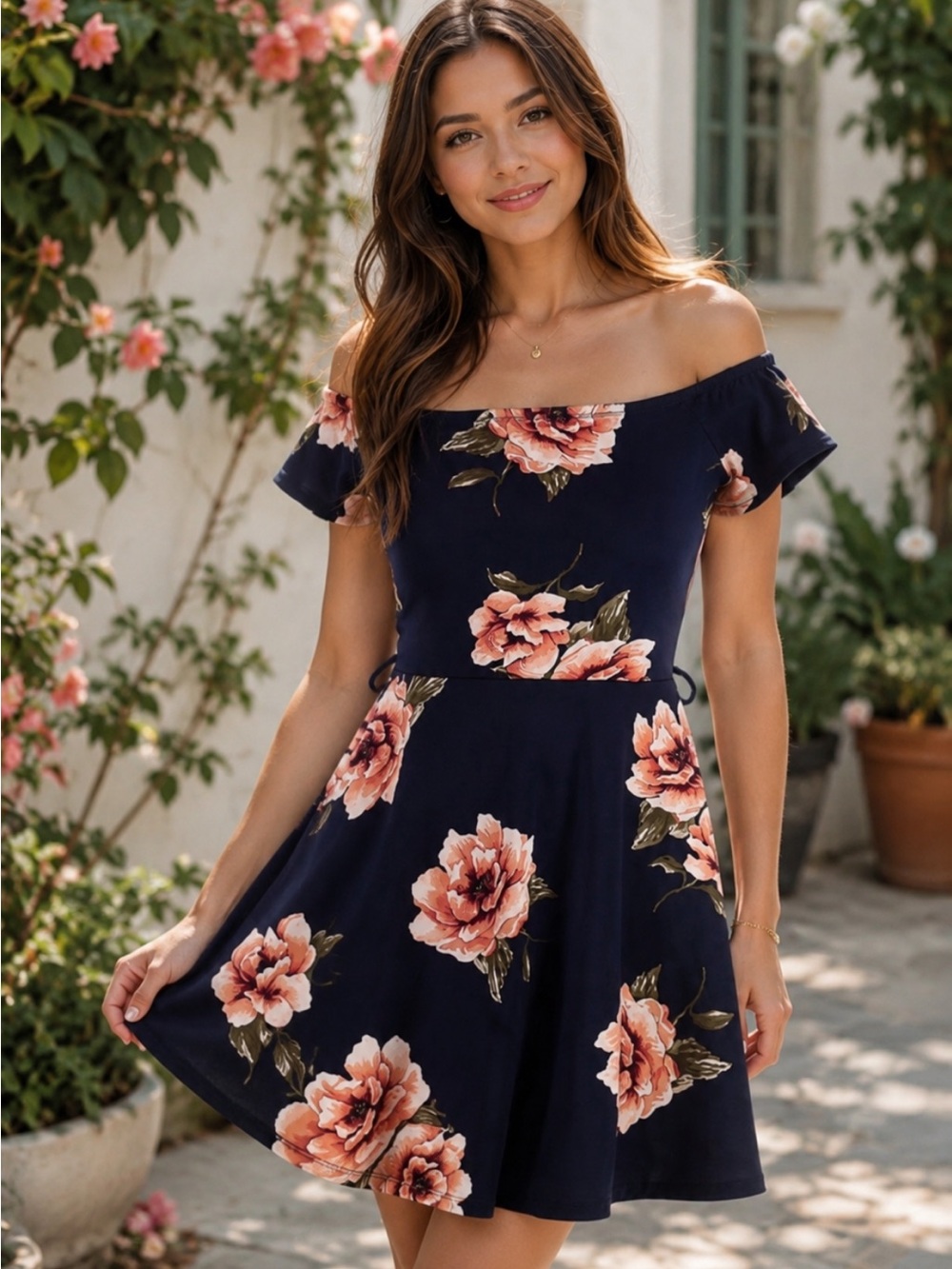 Navy Blue Flare Dress with Roses